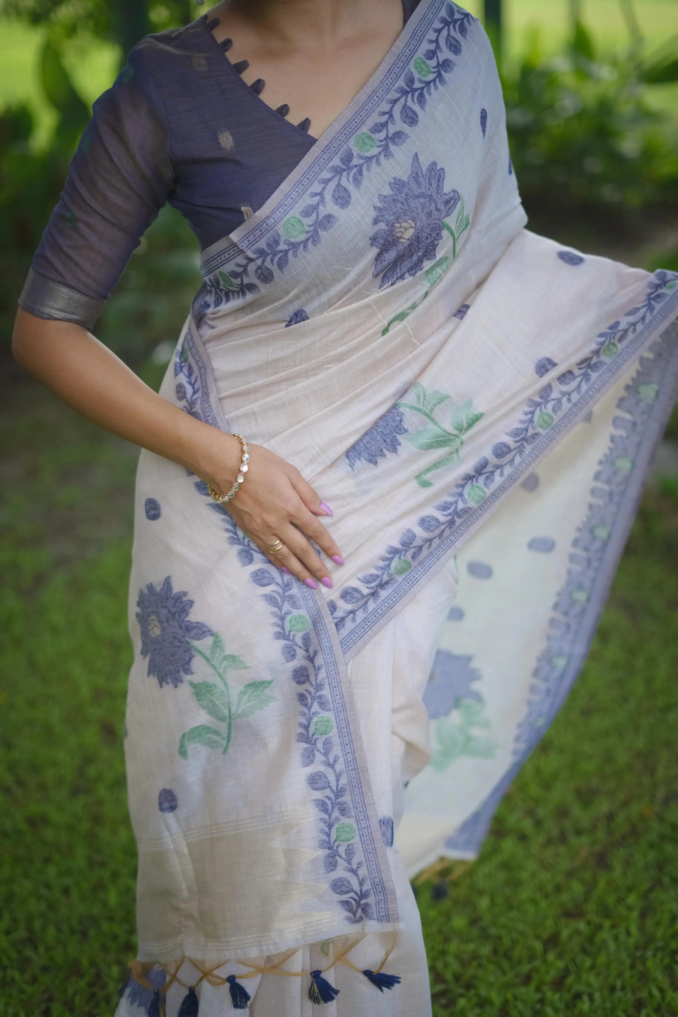 Blue Resham Weaving Soft Muga Cotton Saree - kalyanja